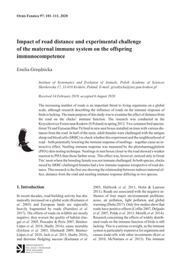 Impact of Road Distance and Experimental Challenge of the Maternal Immune System on the Offspring Immunocompetence