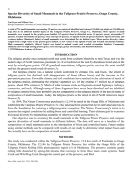 Species Diversity of Small Mammals in the Tallgrass Prairie Preserve, Osage County, Oklahoma