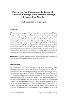 Extraneous Considerations to the Personality Variables in Foreign Policy Decision-Making: Evidence from Nigeria