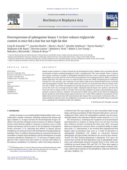 Overexpression of Sphingosine Kinase 1 in Liver Reduces Triglyceride Content in Mice Fed a Low but Not High-Fat Diet