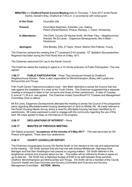 MINUTES of a Chalford Parish Council Meeting Held on Thursday, 1 June 2017 at the Parish Centre, Gerald’S Way, Chalford at 7.00 P.M