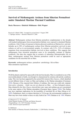 Survival of Methanogenic Archaea from Siberian Permafrost Under Simulated Martian Thermal Conditions