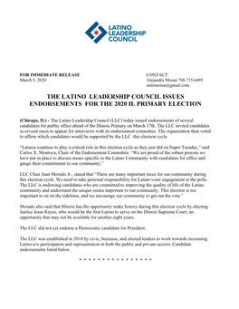 The Latino Leadership Council Issues Endorsements for the 2020 Il Primary Election