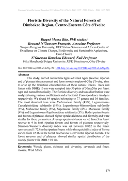 Floristic Diversity of the Natural Forests of Dimbokro Region, Centre-Eastern Côte D’Ivoire