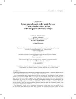 Overview: Seven Trace Elements in Icelandic Forage. Their Value in Animal Health and with Special Relation to Scrapie