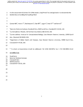 1 in Silico Assessment of Primers for Edna Studies Using Primertree and Application to Characterize the 2 Biodiversity Surrounding the Cuyahoga River