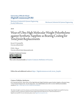 Wear of Ultra High Molecular Weight Polyethylene Against Synthetic Sapphire As Bearing Coating for Total Joint Replacements Kevin D
