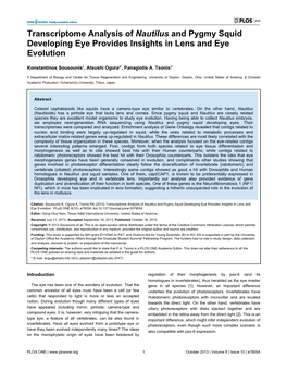 Transcriptome Analysis of Nautilus and Pygmy Squid Developing Eye Provides Insights in Lens and Eye Evolution