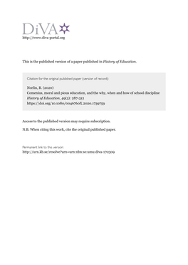 Comenius, Moral and Pious Education, and the Why, When and How of School Discipline History of Education, 49(3): 287-312