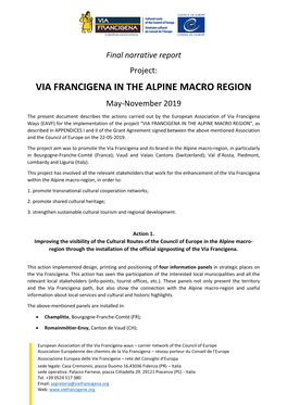 VIA FRANCIGENA in the ALPINE MACRO REGION May-November 2019