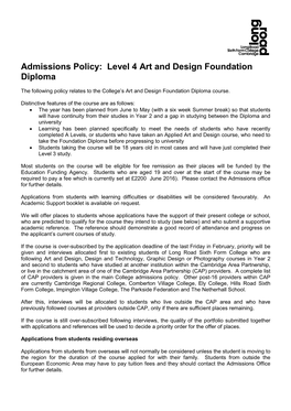 Admissions Policy: Level 4 Art and Design Foundation Diploma