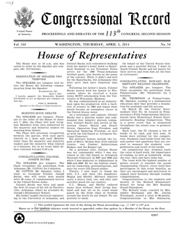 Congressional Record United States Th of America PROCEEDINGS and DEBATES of the 113 CONGRESS, SECOND SESSION