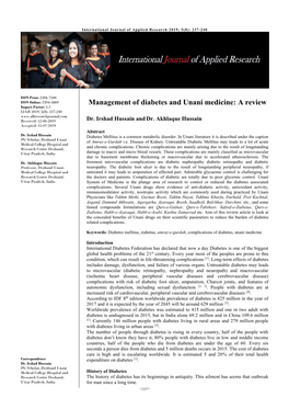 Management of Diabetes and Unani Medicine: a Review Impact Factor: 5.2 IJAR 2019; 5(8): 237-240 Received: 12-06-2019 Dr