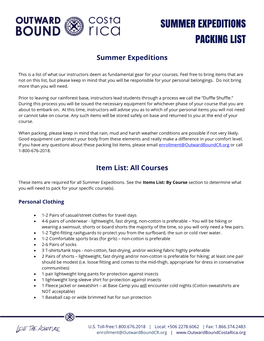 Summer Expeditions Packing List