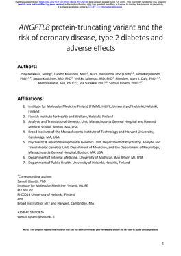 ANGPTL8 Protein-Truncating Variant and the Risk of Coronary Disease, Type 2 Diabetes and Adverse Effects