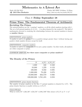 Mathematics As a Liberal Art Class 8: Friday September 18 Prime Time