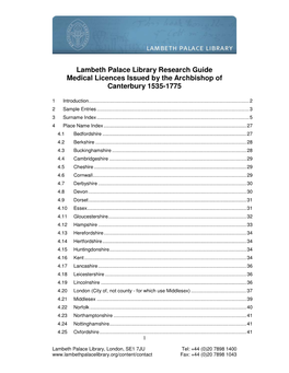 Lambeth Palace Library Research Guide Medical Licences Issued by the Archbishop of Canterbury 1535-1775