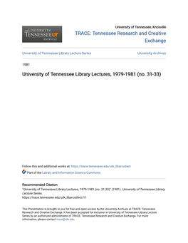 University of Tennessee Library Lectures, 1979-1981 (No. 31-33)