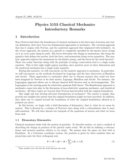 Physics 5153 Classical Mechanics Introductory Remarks