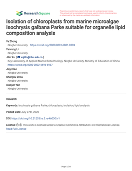 Isolation of Chloroplasts from Marine Microalgae Isochrysis Galbana Parke Suitable for Organelle Lipid Composition Analysis