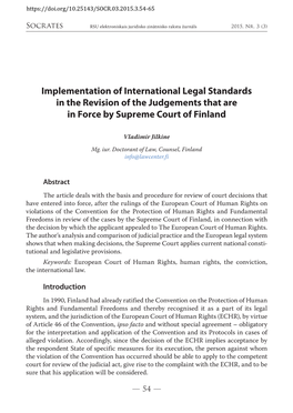 Implementation of International Legal Standards in the Revision of the Judgements That Are in Force by Supreme Court of Finland