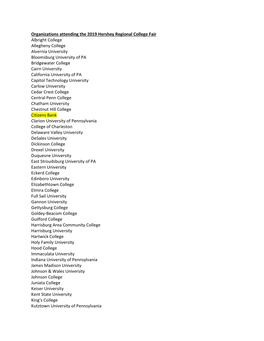 Organizations Attending the 2019 Hershey Regional College Fair