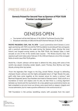 Genesis Poised for Second Year As Sponsor of PGA TOUR Premier Los Angeles Event