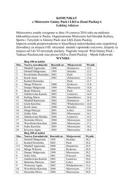 KOMUNIKAT Z Mistrzostw Gminy Puck I LKS-U Ziemi Puckiej W Lekkiej Atletyce