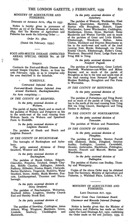 THE LONDON GAZETTE, 7 FEBRUARY, 1939 871 MINISTRY of AGRICULTURE and in the Petty Sessional Division of FISHERIES