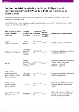 Services Prestataires Autorisés, Tarifés Par Le Département, Intervenant Au Titre De L'apa Et De La PCH Sur Le Territoire De Hénin-Carvin