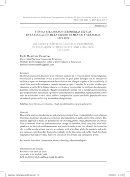Fiestas Religiosas Y Ceremonias Cívicas En La Educación De La Ciudad De México Y Veracruz, 1821-1872