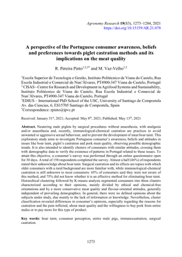 A Perspective of the Portuguese Consumer Awareness, Beliefs and Preferences Towards Piglet Castration Methods and Its Implications on the Meat Quality