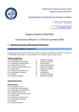 Stagione Sportiva 2019/2020 Comunicato Ufficiale N° 17 Del 26 Novembre 2019