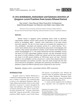 In Vitro Antidiabetic, Antioxidant and Cytotoxic Activities of Syzygium Cumini Fractions from Leaves Ethanol Extract