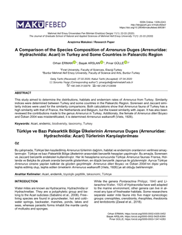 Arrenuridae: Hydrachnidia: Acari) in Turkey and Some Countries in Palearctic Region