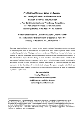 Profits Equal Surplus Value on Average 1 and the Significance of This Result for the Marxian Theory of Accumulation Centro Di Ri