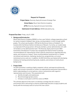 1 Request for Proposals Project Name: Diversity, Equity & Inclusion Strategic Plan School Name: Mount Saint Dominic Academy