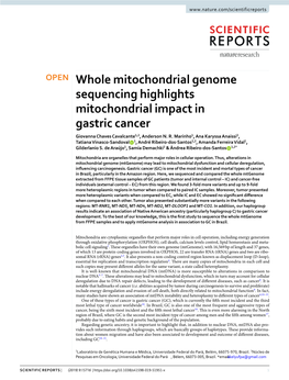 Whole Mitochondrial Genome Sequencing Highlights Mitochondrial Impact in Gastric Cancer Giovanna Chaves Cavalcante1,2, Anderson N