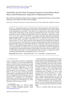 Total Sulfur and Ash Yield of Tanjung Formation Coal in Sekako, Barito Basin, Central Kalimantan: Implication of Depositional Process