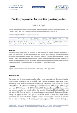 Family-Group Names for Termites (Isoptera), Redux 171 Doi: 10.3897/Zookeys.148.1682 Research Article Launched to Accelerate Biodiversity Research