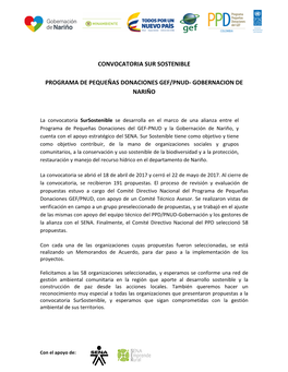 Convocatoria Sur Sostenible Programa De Pequeñas Donaciones Gef/Pnud- Gobernacion De Nariño