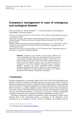 Company's Management in Case of Emergency and Ecological Disaster