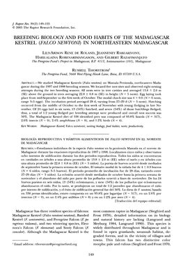 Breeding Biology and Food Habits of the Madagascar Kestrel (Falco Newtoni) in Northeastern Madagascar