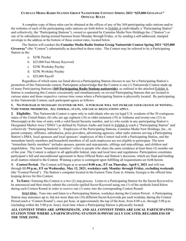 Cumulus Media Radio Station Group Nationwide Contest Spring 2021 “$25,000 Giveaway” Official Rules