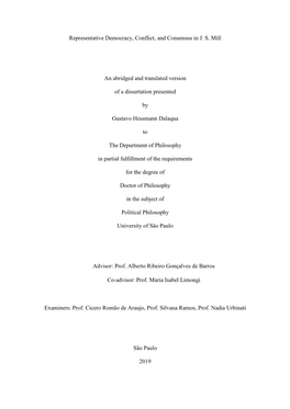 Representative Democracy, Conflict, and Consensus in J. S. Mill An