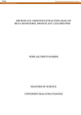 Microwave Assisted Extraction (Mae) of Beta-Sitosterol from Plant Legumes Pod