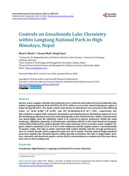 Controls on Gosaikunda Lake Chemistry Within Langtang National Park in High Himalaya, Nepal