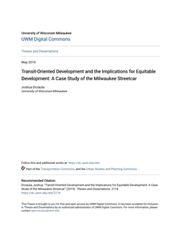 Transit-Oriented Development and the Implications for Equitable Development: a Case Study of the Milwaukee Streetcar
