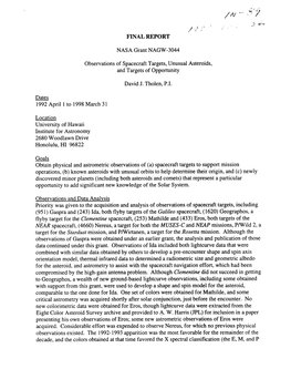 FINAL REPORT NASA Grant NAGW-3044 Observations of Spacecraft Targets, Unusual Asteroids, and Targets of Opportunity David J