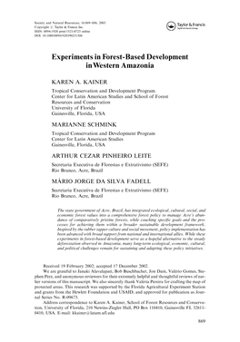 Experiments in Forest-Based Development in Western Amazonia